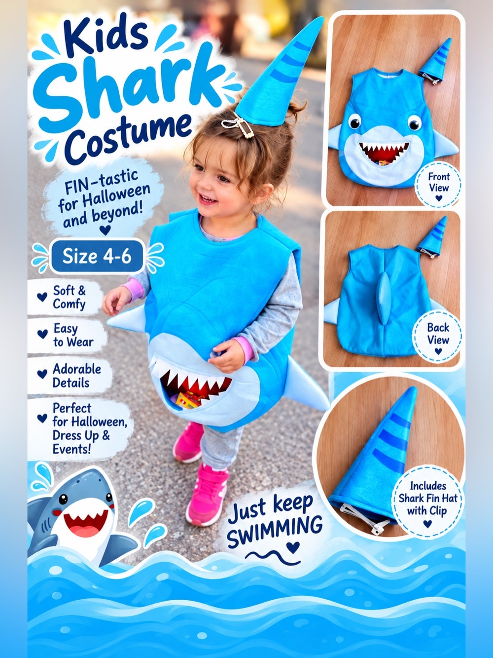 🦈 ADORABLE SHARK COSTUME 🦈XLarge 4-6 with Pocket for lots of treats